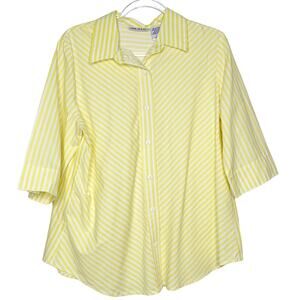 BLAIR Vintage Striped Poplin Button-Up Shirt Relaxed Fit Yellow White Size Large